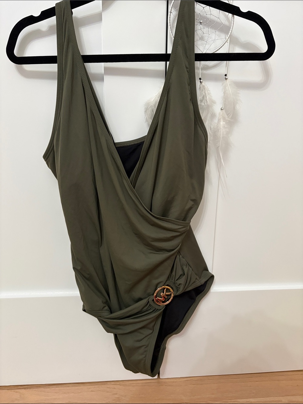 Michael Kors Olive Green Draped One-Piece Swimsuit with Gold Ring - Picture 1 of 2